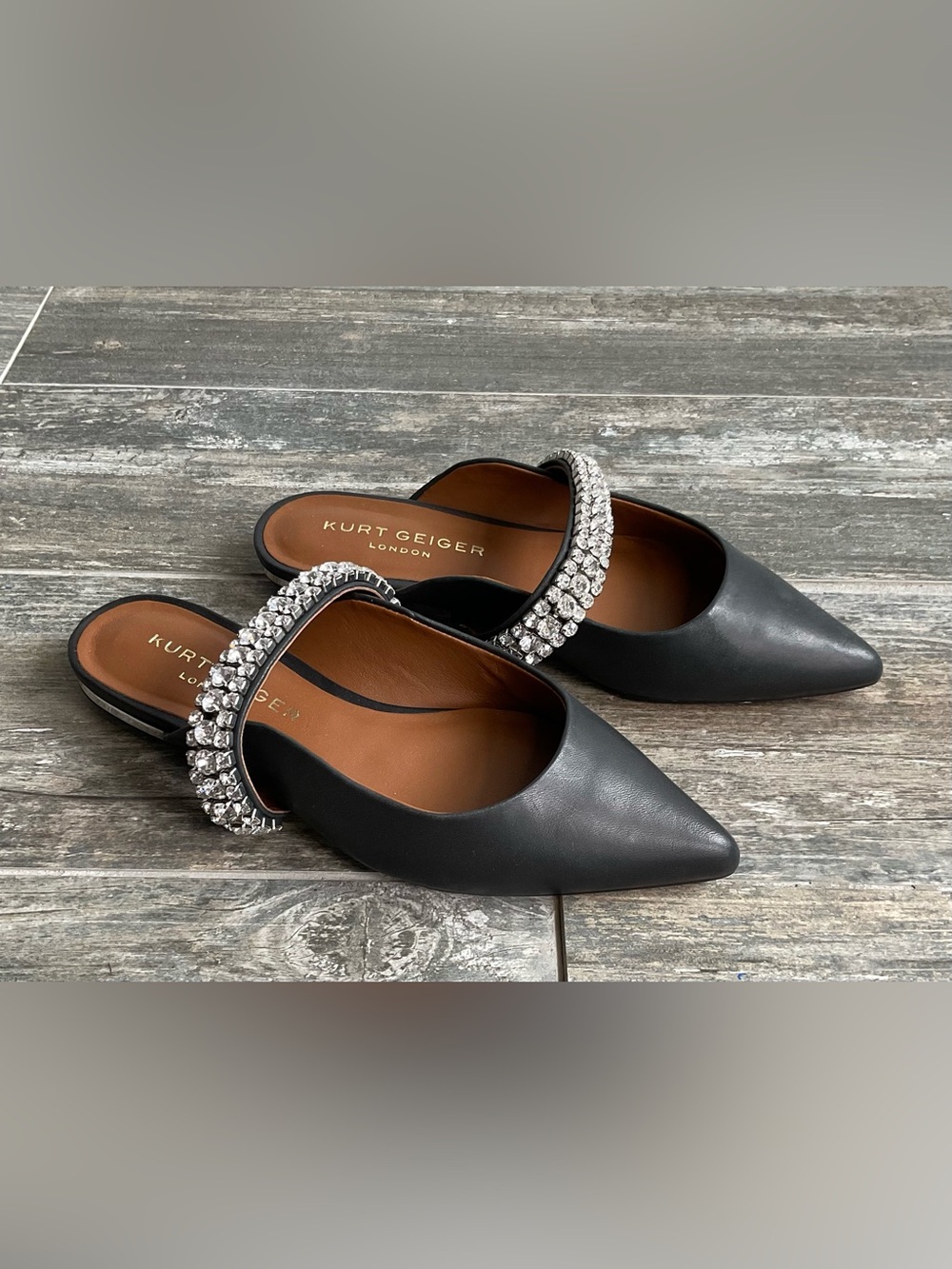 Kurt Geiger Black Pointed Crystal Strap Mules - Picture 2 of 6